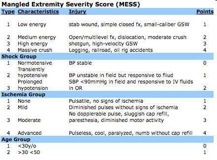 Mangled Extremity Severity Score Johansen - Helfet 1990