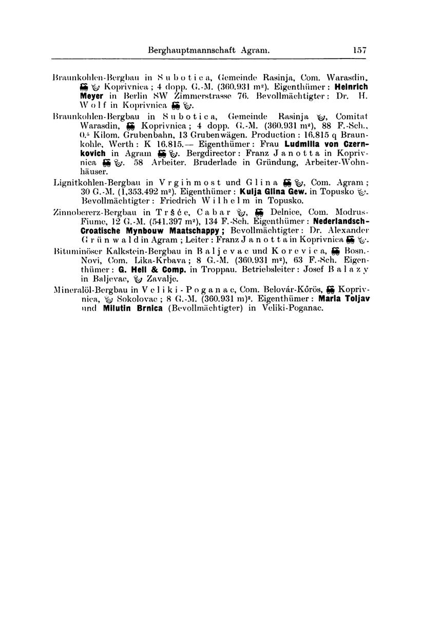 Berghauptmannschaft Zalatna. 157 Braunkohlen-Berghau in S u b o t i e a, Gemeinde Rasinja, Com. Warasclin r gg fa Koprivnica; 4 dopp. G.-M. (300.931 m 2 ).