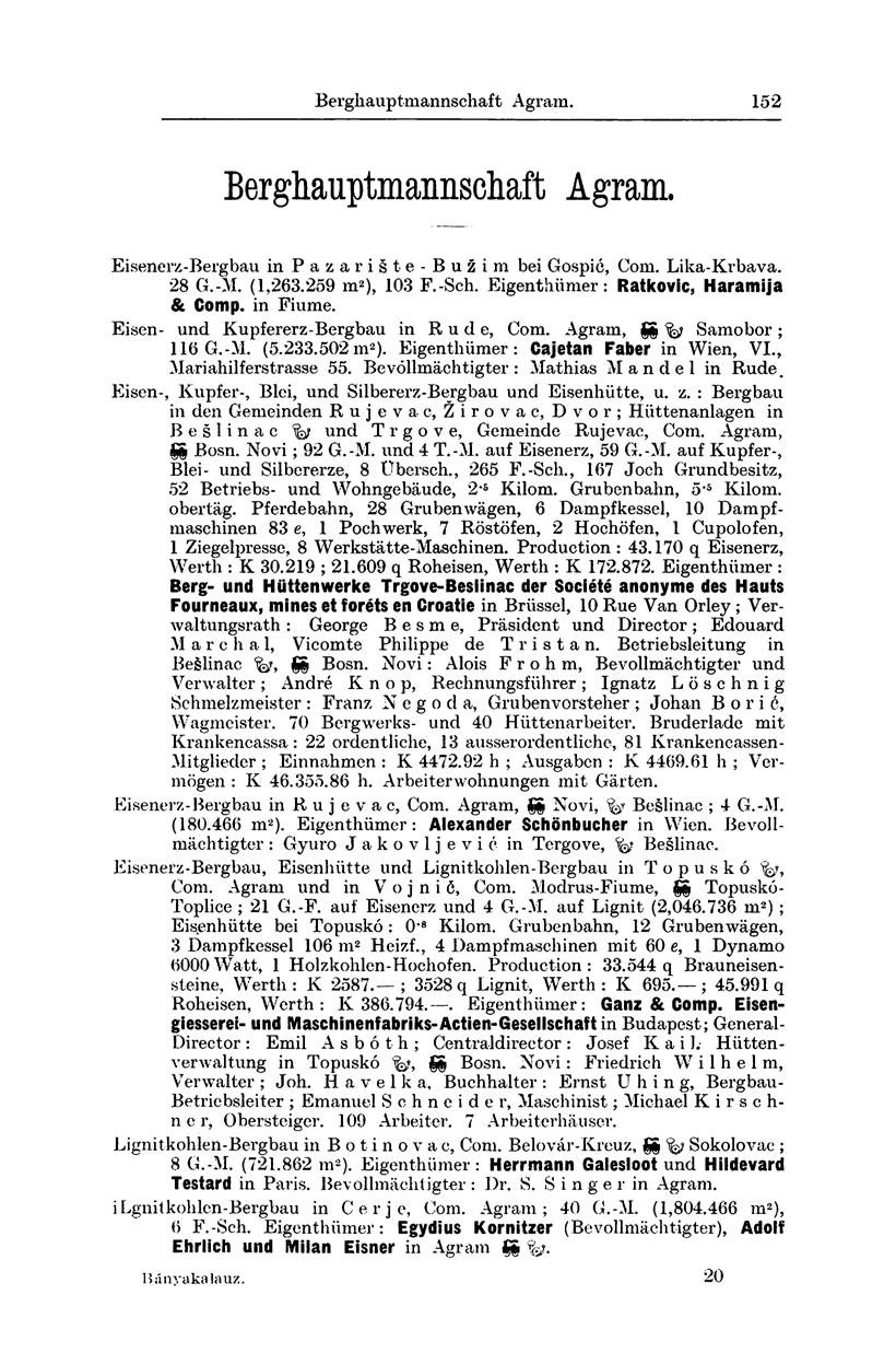 Berghauptmannschaft Zalatna. 152 Berghauptmannschaft Agram. Eisenerz-Bergbau in P a z a r i s t e - B u z i m bei Gospic, Com. Lika-Krbava. 28 G.-M. (1,263.259 m 2 ), 103 F.-Sch.