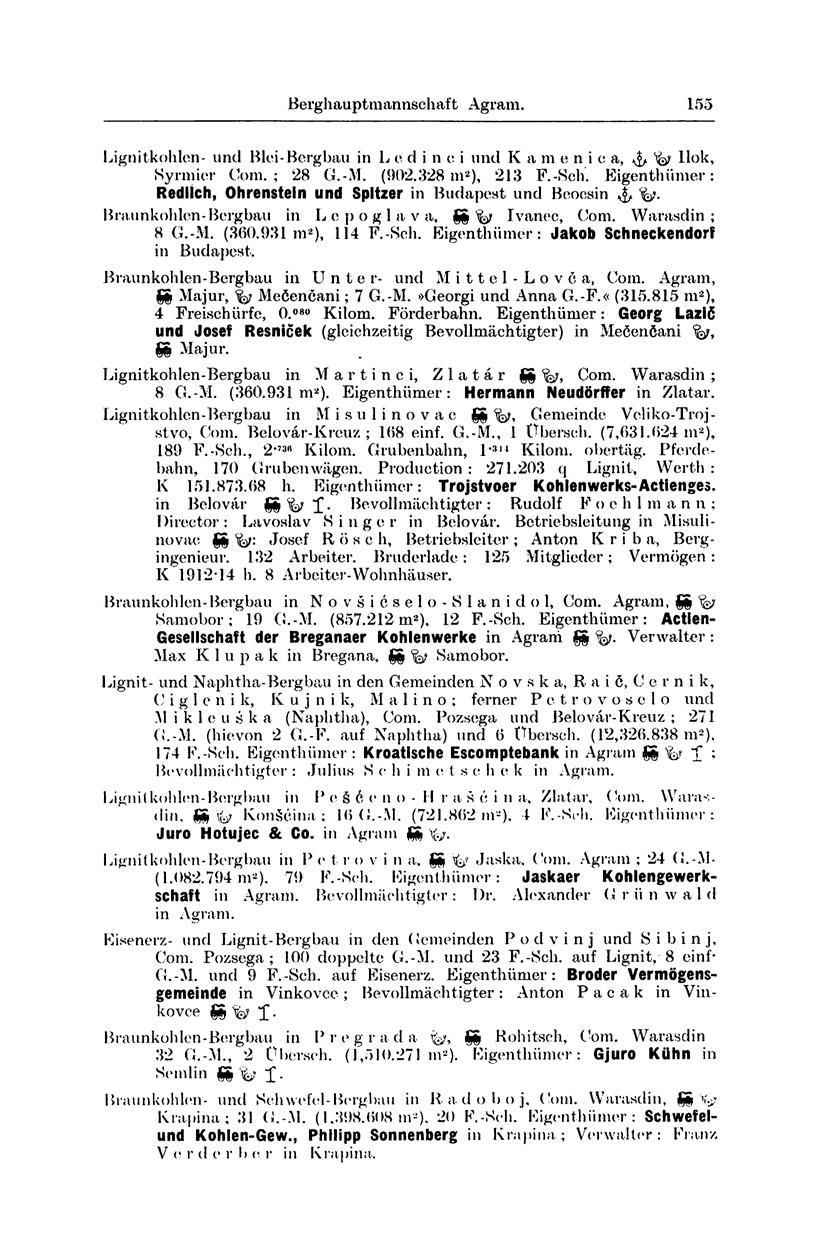 Berghauptmannschaft Zalatna. 155 Lignitkohlen- und Blei-Bergbau in L e d i n e i und K a meni e a, ^ fa llok, Syrmier Com.; 28 G.-M. (902.328 m 2 ), 213 F.-Sch.