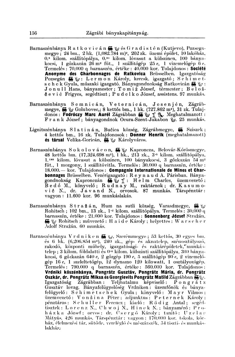 156 Zalatnai bányakapitányság. Barnaszén bánya R a t k o v i e á n gg fa és G r a d i s t é n (Kutjevo), Pozsegamegye; 24 bm.. 2 hk. (1,082.784 m) 2, 202 zk. üzemi épület. 10 lakóház, 0. kilom.