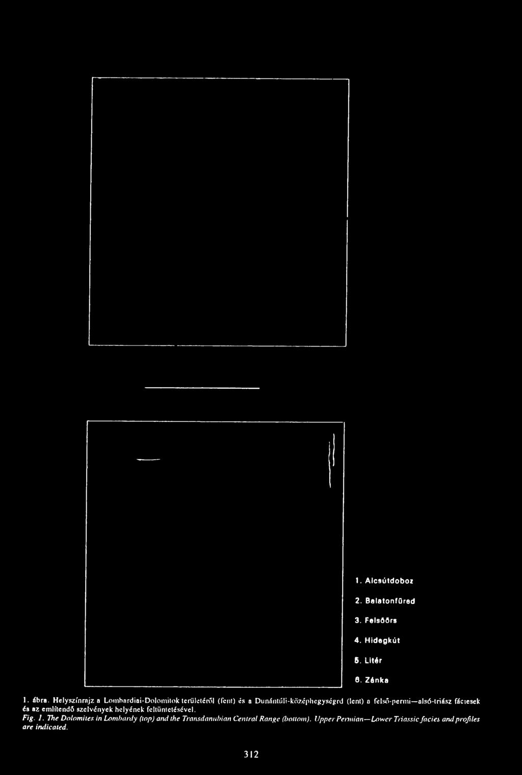 alsó-triász fáctesek és az említendő szelvények helyének feltüntetésével. Fig. 1.