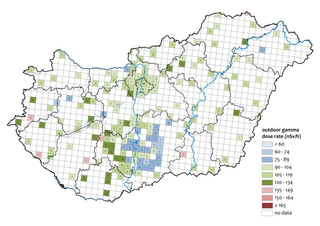 Magyarország háttér gamma-sugárzás térképe (2016. évi állapot) Mérési helyszínek száma: 382 (235 településen, ill.