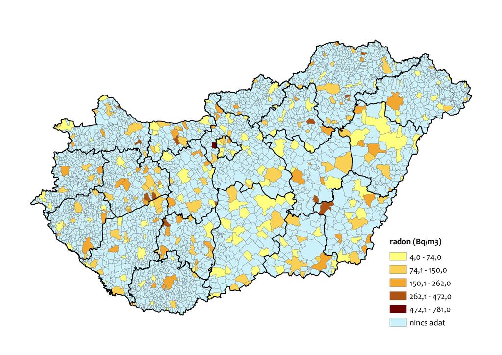 Magyarországi beltéri radonkoncentrációk területi átlagai Betöltött cella: 277 / 1 035 db Mérések
