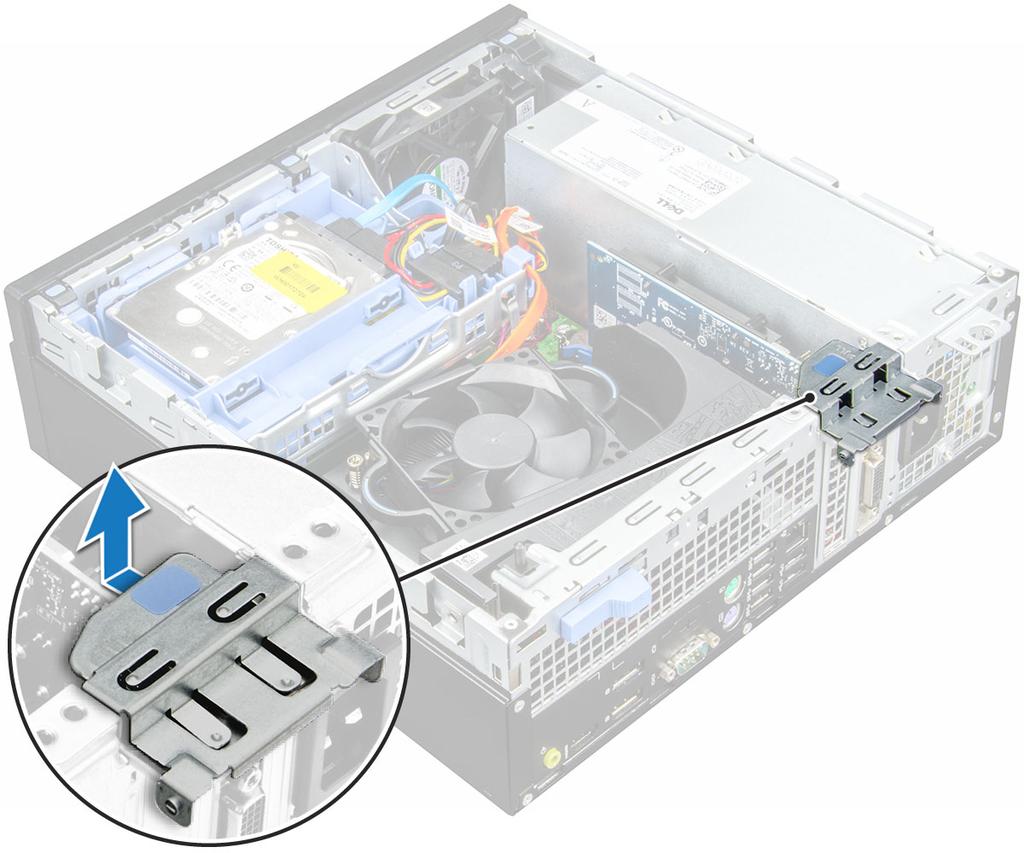 4 To remove the PCIe expansion card: a Pull the release latch to unlock the PCIe expansion card [1].