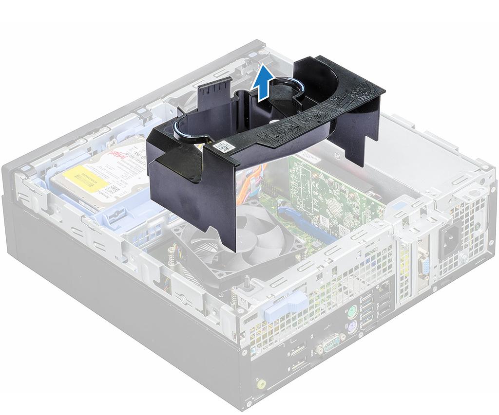 Installing cooling shroud NOTE: When inserting the shroud on the processor assembly, please ensure that the data and power cables of the optical drive do not get caught inside the shroud.