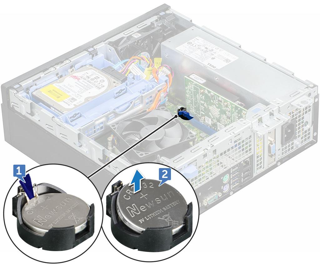b Remove the coin cell battery from the connector on the system board [2].