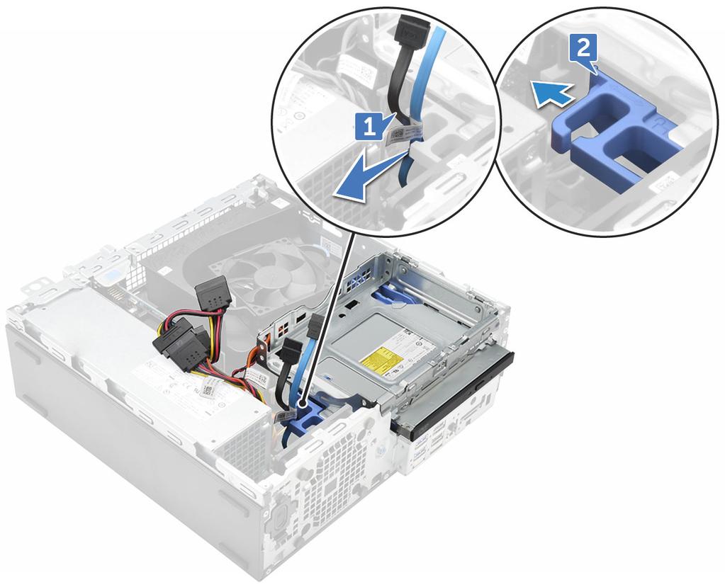 d 2.5 inch hard drive assembly 3 To remove optical drive: a Release the cables from the retention clip [1]. b Slide the blue tab to unlock the optical drive assembly [2].