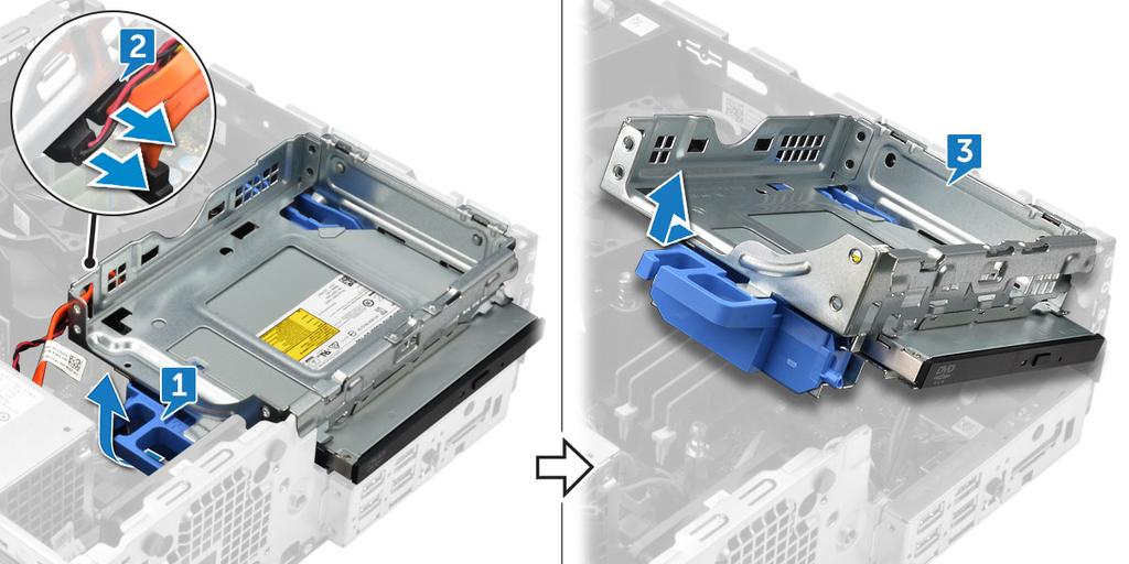5 To remove the optical drive: NOTE: After releasing the Optical drive, you can also flip the drive assembly for easy access to the drive cables.