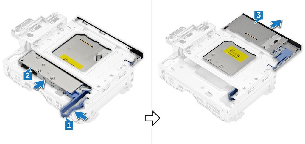 Installing optical drive 1 Slide the optical drive into the optical drive assembly. 2 Align the tabs on the optical assembly with the slots on the computer.