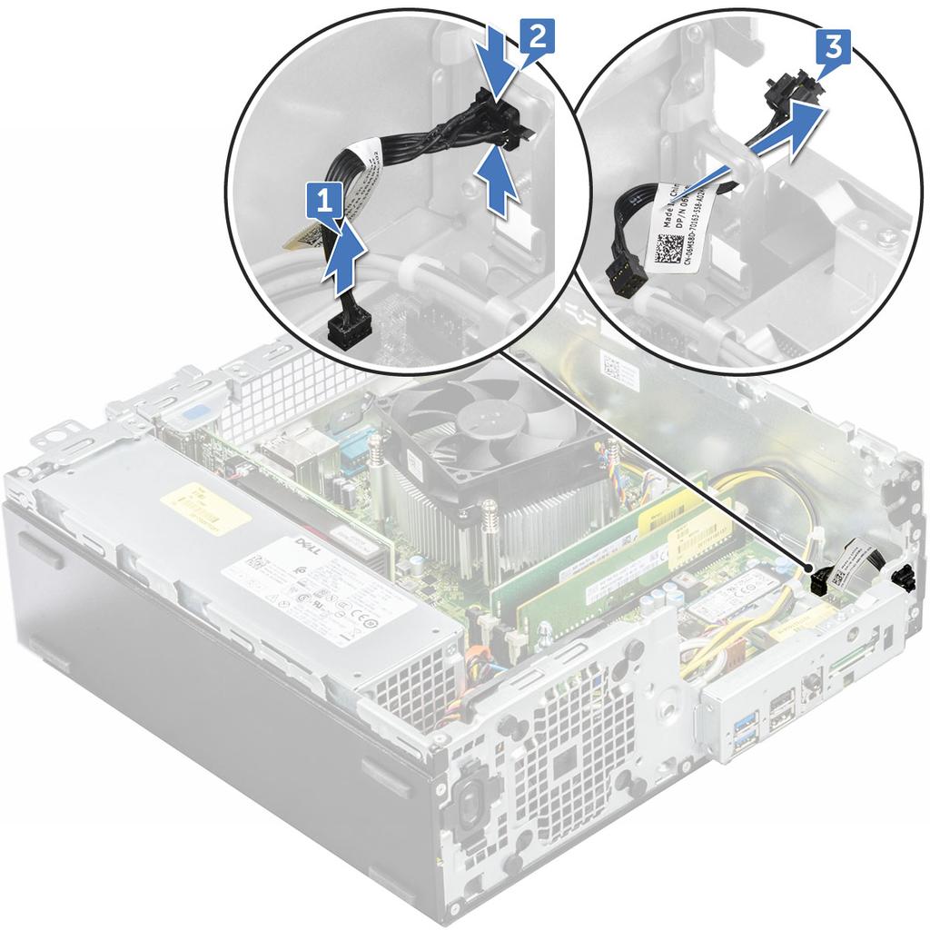 a b c d e cover front bezel 2.5 inch hard drive assembly cooling shroud optical drive 3 To release the power switch: a Disconnect the power switch cable from the system board [1].