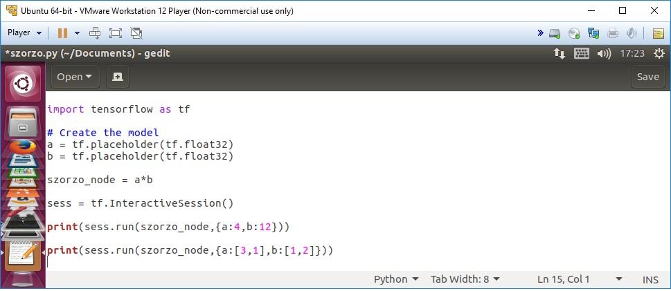 1. ábra. Szorzás a TensorFlow rendszerrel 2. ábra. A szorzás eredménye A gépi tanulás során tipikusan olyan modellre van szükségünk, amely bizonyos korlátok között tetszőleges inputot tud fogadni.