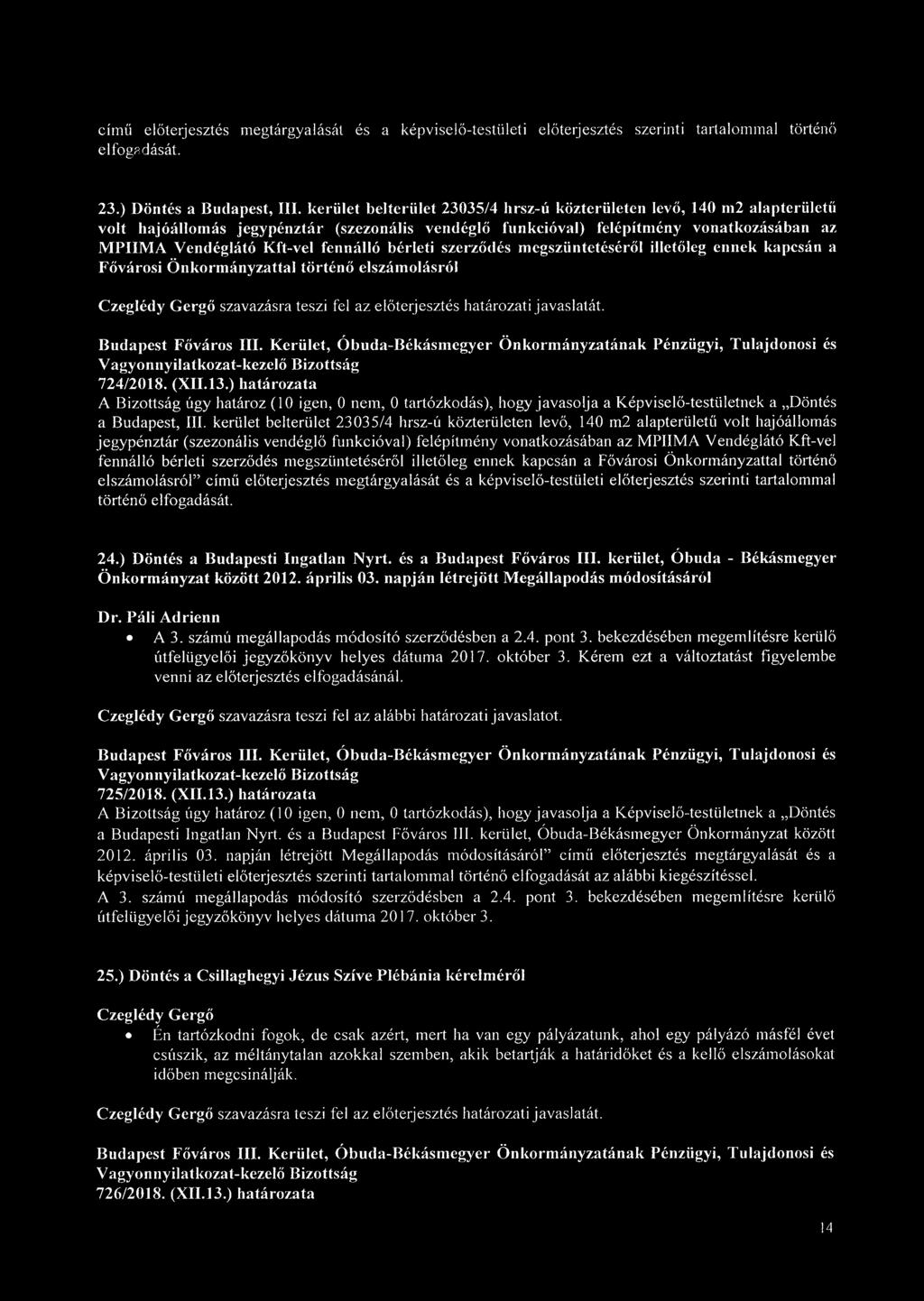 bérleti szerződés megszüntetéséről illetőleg ennek kapcsán a Fővárosi Önkormányzattal történő elszámolásról 724/2018. (XII.13.
