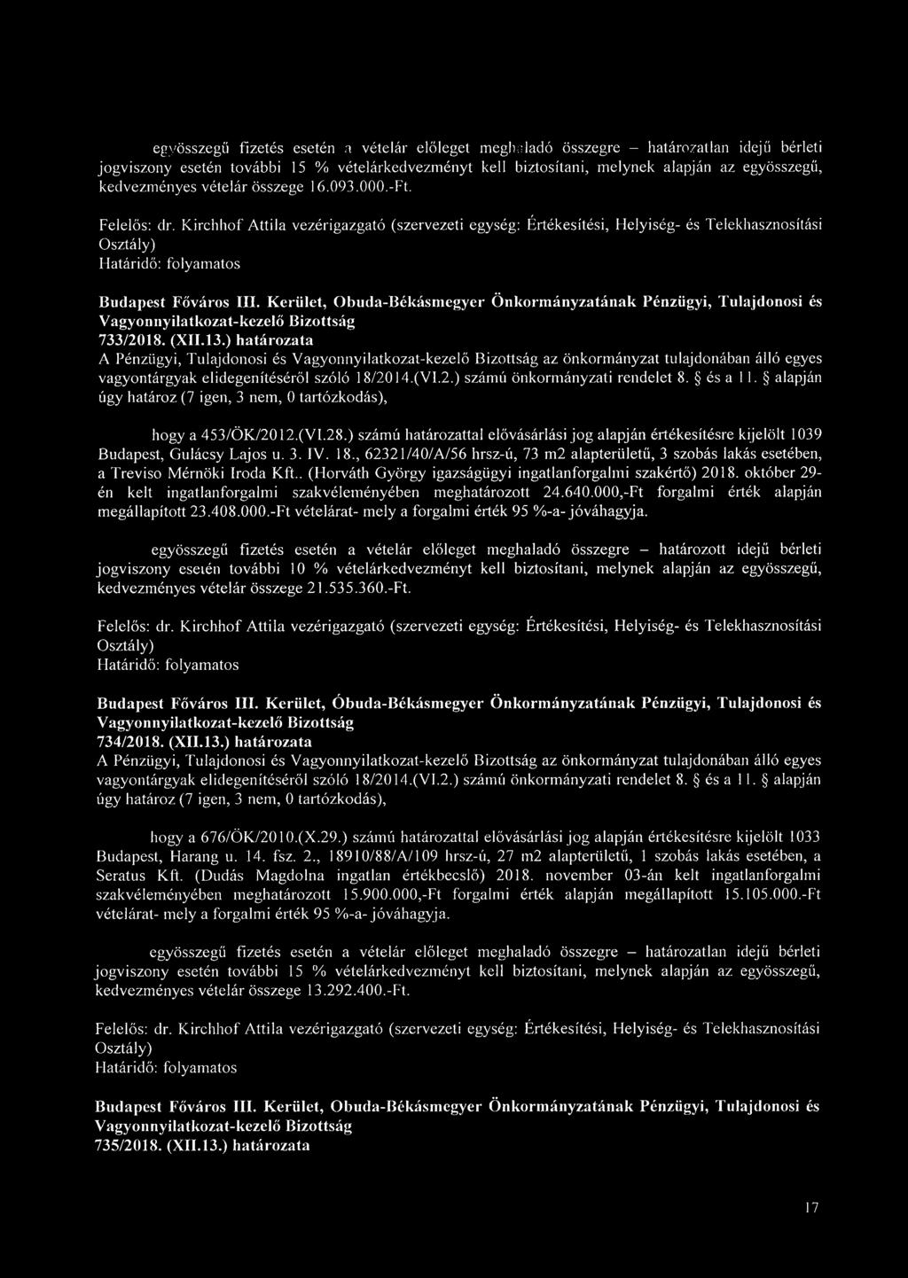 ) számú határozattal elővásárlási jog alapján értékesítésre kijelölt 1039 Budapest, Gulácsy Lajos u. 3. IV. 18.