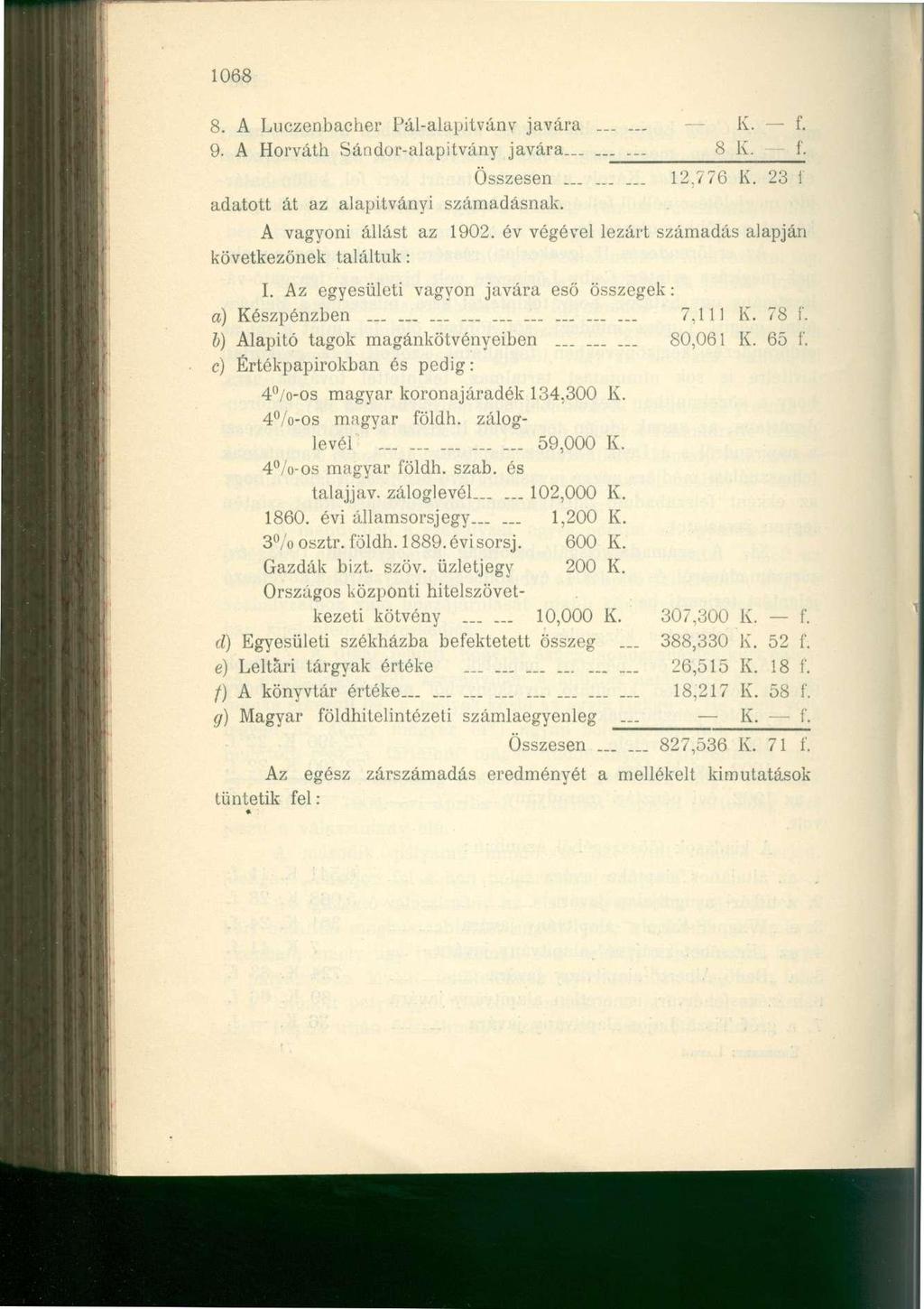 1068 8. A Luczenbache r Pál-alapitván y javár a...... K. f. 9. A Horvát h Sándor-alapitván y javára......... 8 K. f. Összesen 12,77 adatott á t a z alapítvány i számadásnak.