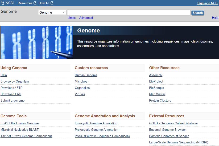 PubMed: Genome Project A Genom adatbázis több, mint 1000 faj vagy törzs szekvenciáját és a hozzá tartozó adatokat tartalmazza.