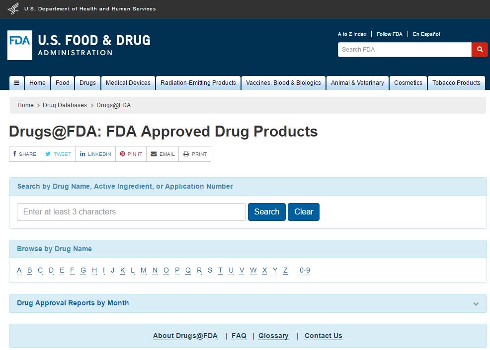 Drugs@FDA adatbázis Az FDA adatbázisában a gyógyszerkészítmény neve (Drug Name, pl.