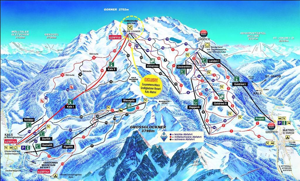 Síinfó Információk a sícentrumról Kals-Matrei Großglockner (933-2422 m) Sípályák: Kals Großglockner (933-2422 m) 37 km 8,5 km kék, 22,5 km piros, 6 km fekete 13 lift 3 kabin, 5 ülő- és 5 húzó