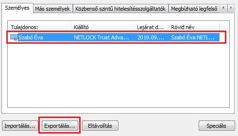 Válassza ki a Személyes (Personal) lapon a tanúsítványok közül az exportálandót, majd nyomja meg az Exportálás gombot. 4.