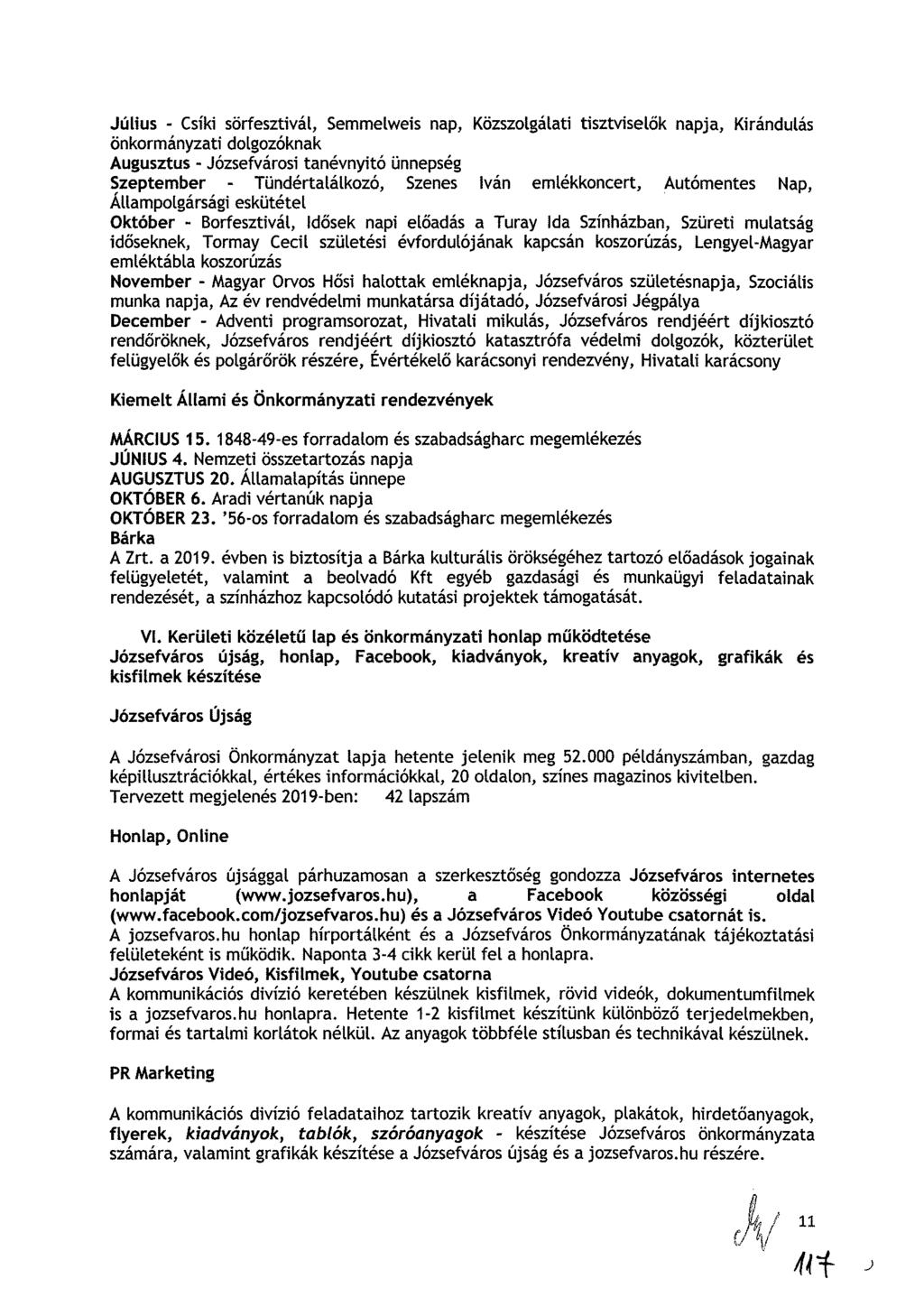 Julius - Csíki sörfesztivál, Semmelweis nap, Közszolgálati tisztviselők napja, Kirándulás önkormányzati dolgozóknak Augusztus - Józsefvárosi tanévnyitó ünnepség Szeptember - Tündértalálkozó, Szenes