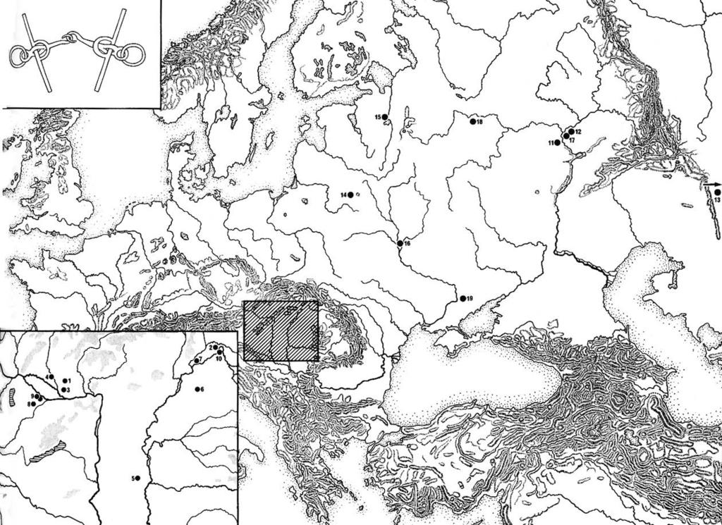 1. kép A šestovici típusú D-füllel ellátott, oldalpálcás zablák elterjedése Mechthild Schulze-Dörrlamm kutatásai alapján A térképen jelölt lelőhelyek: 1. Zsitvabesenyő 83. sír (Bešenov); 2.