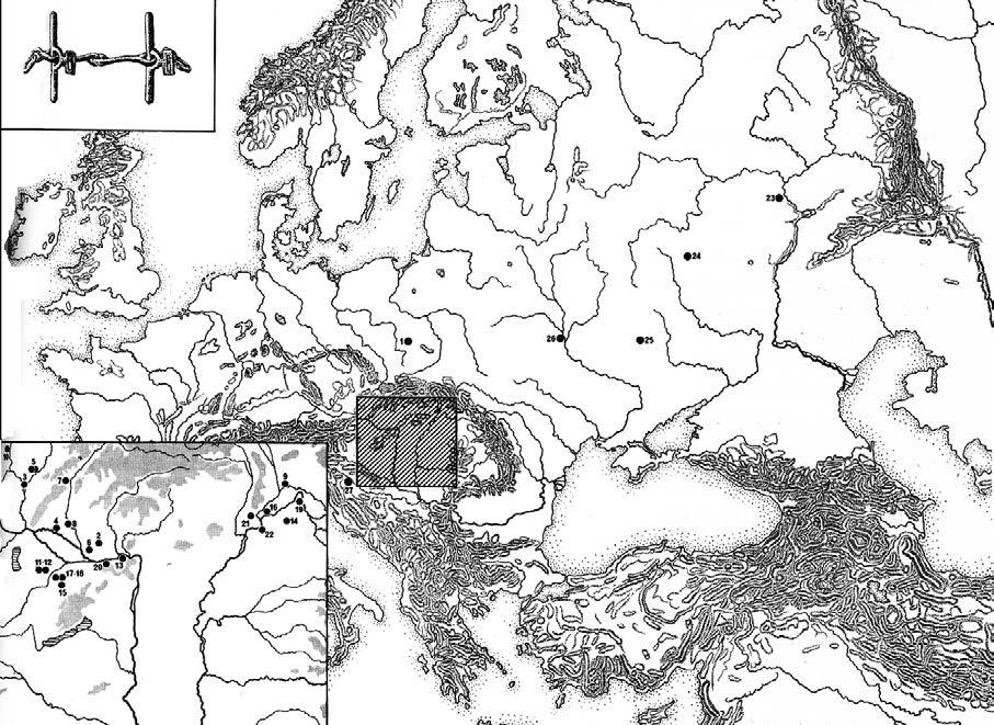 4. kép A csornai típusú oldalpálcás zablák elterjedése Mechthild Schulze-Dörrlamm kutatásai alapján A térképen jelölt lelőhelyek: 1. Czerchowa; 2. Zsitvabesenyő 83. sír (Bešenov); 3.