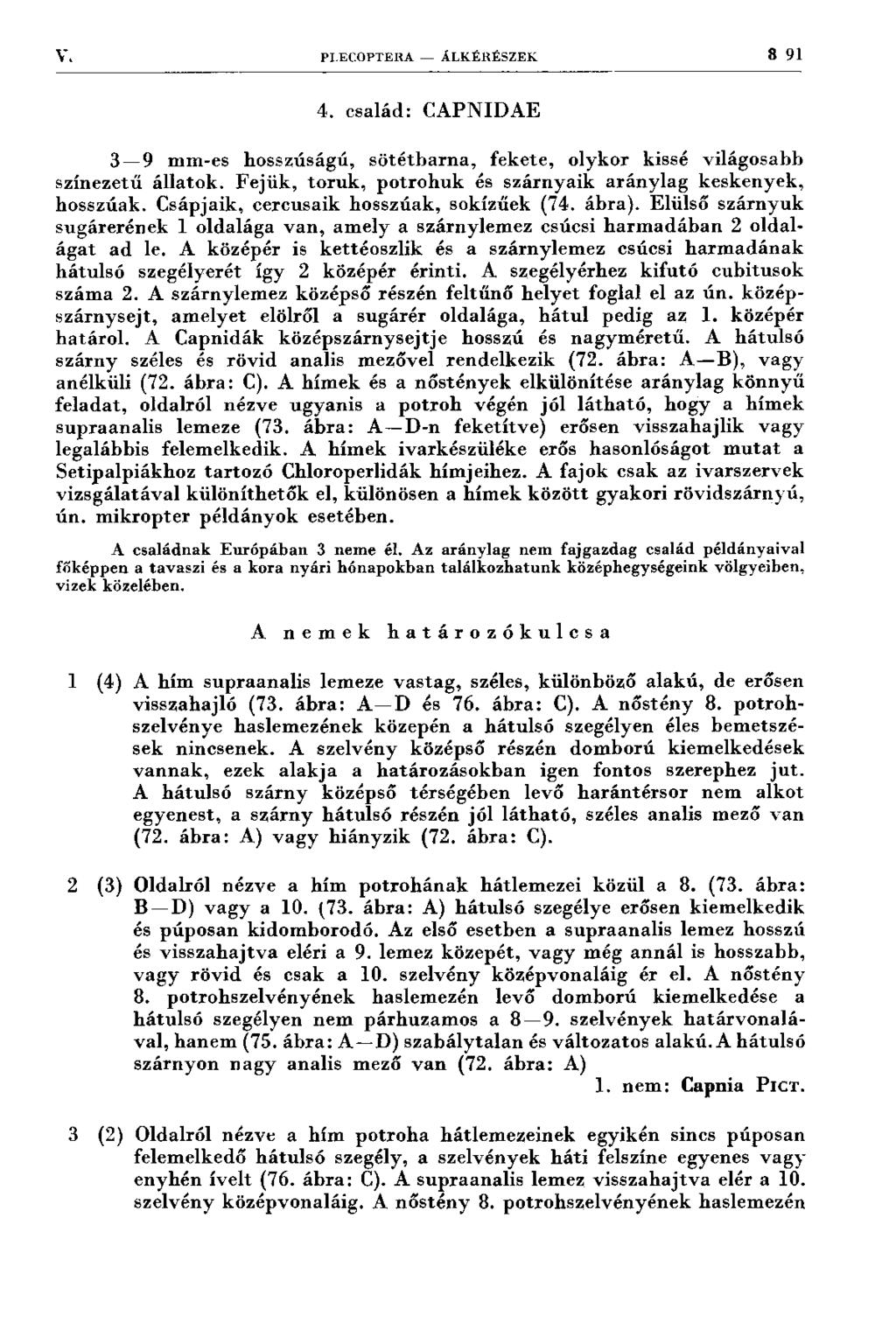 V. PI.ECOPTERA ÁLKÉRÉSZEK 8 91 4. család: C A P N ID A E 3 9 m m -es hosszúságú, sö té tb a rn a, fek ete, olykor kissé világosabb színezetű á llato k.