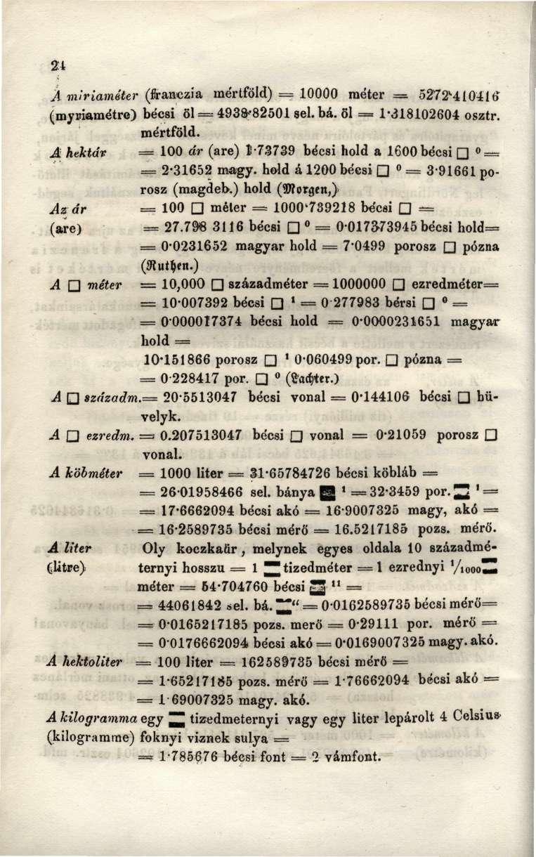 21 A m'iriaméter (ft-anczia mértföld) = 10000 méter = 5272'-4104 lb v (myi-iamétro) bécsi öl = 4938-82501 sel.bá. öl = 1-318102604 osztr. mértföld. A hektár = 100 ár (are) 173739 bécsi hold a 1600 bécsi Q = = 2-31652 magy.