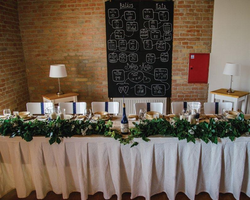 Berendezés, teríték, dekoráció Az esküvői vacsora csomag ára tartalmazza az ültetéshez szükséges bútorok; 6 fő ültetésére alkalmas rusztikus tábla asztalok, és fehér fa székek (80 db) valamint