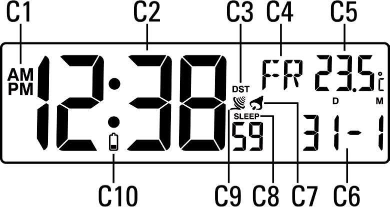 b) Kijelzőn látható adatok Normál üzemmód C1 12 órás módban vagy AM (délelőtt) vagy PM (délután) van a kijelzőn C2 Óraidő órákkal, percekkel és másodpercekkel C3 Nyári időszámítás (ha DST van a