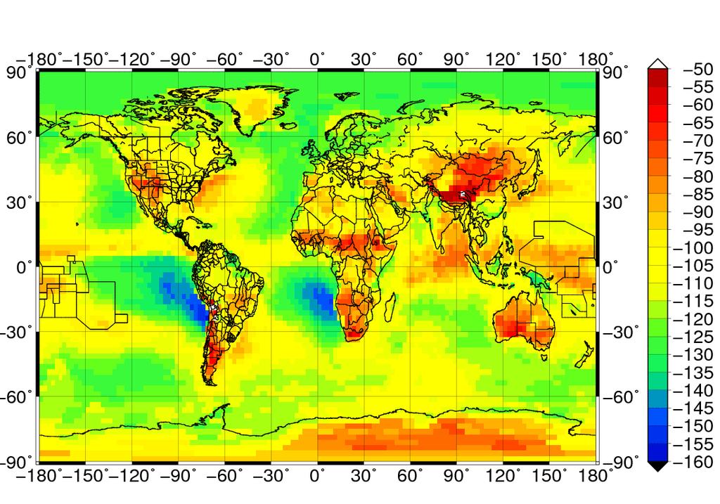 térségekben a tengeri stratocumulus felhőzethez kapcsolódnak a magas különbségek. A 25-30 szélességi körök térségében nagy az eltérés a szárazföldi és óceáni területek között (50 W/m2).