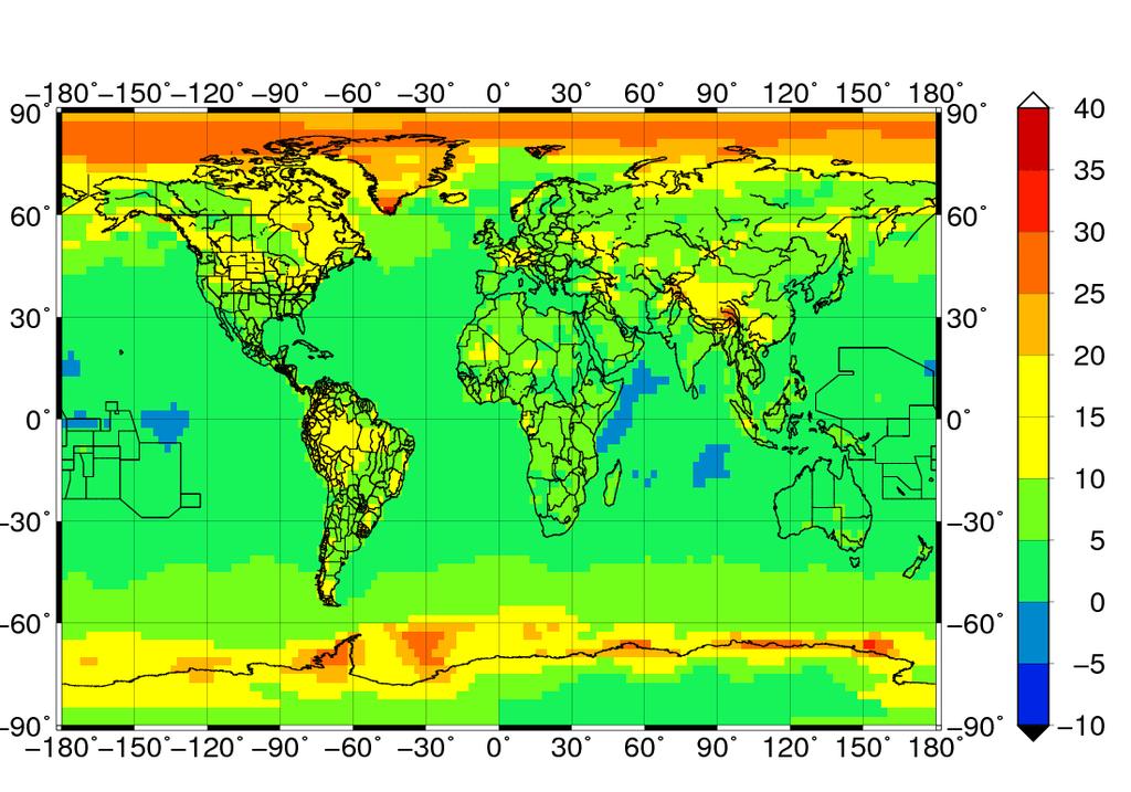 9.ábra: A felhőzet földfelszínen reflektált napsugárzásra gyakorolt átlagos évi hatásának (felhős és derült égbolt esetén mért sugárzási áramsűrűség értékek közötti különbség, W/m2) területi