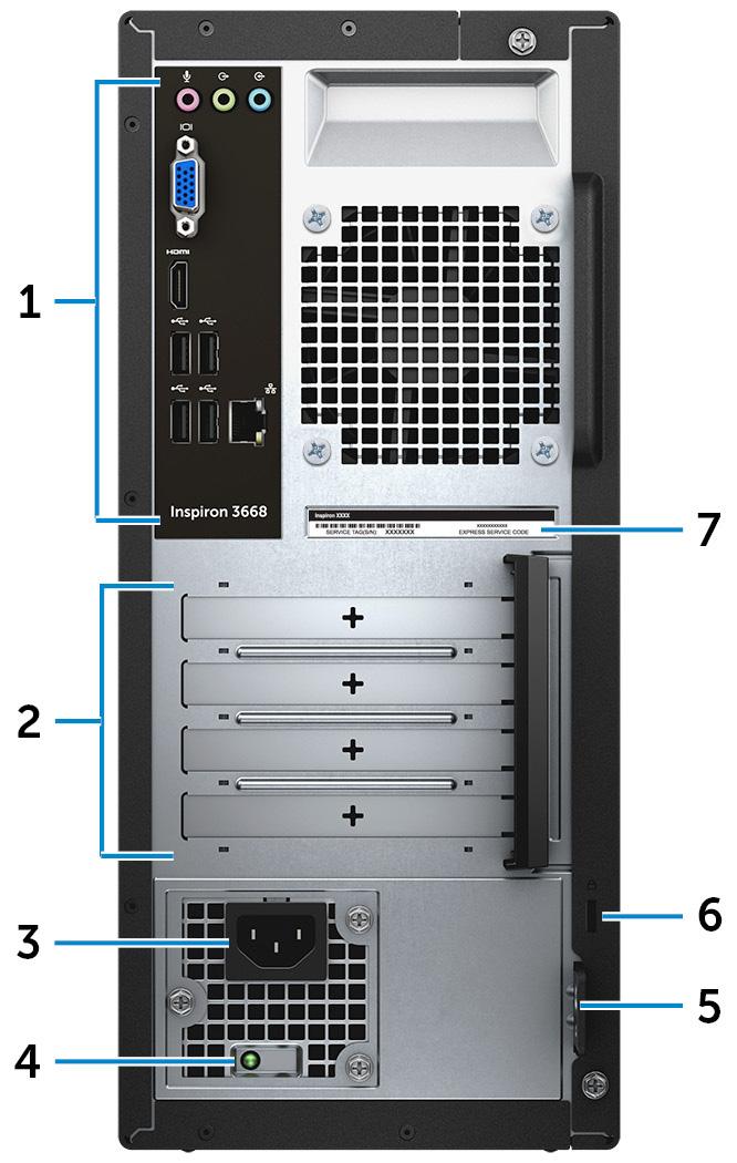Hátul 1 Hátsó panel Csatlakoztassa az USB-, audio-, video- és egyéb eszközöket. 2 Bővítőkártya-foglalatok Hozzáférést biztosít bármely telepített PCI Express kártyán található csatlakozóhoz.