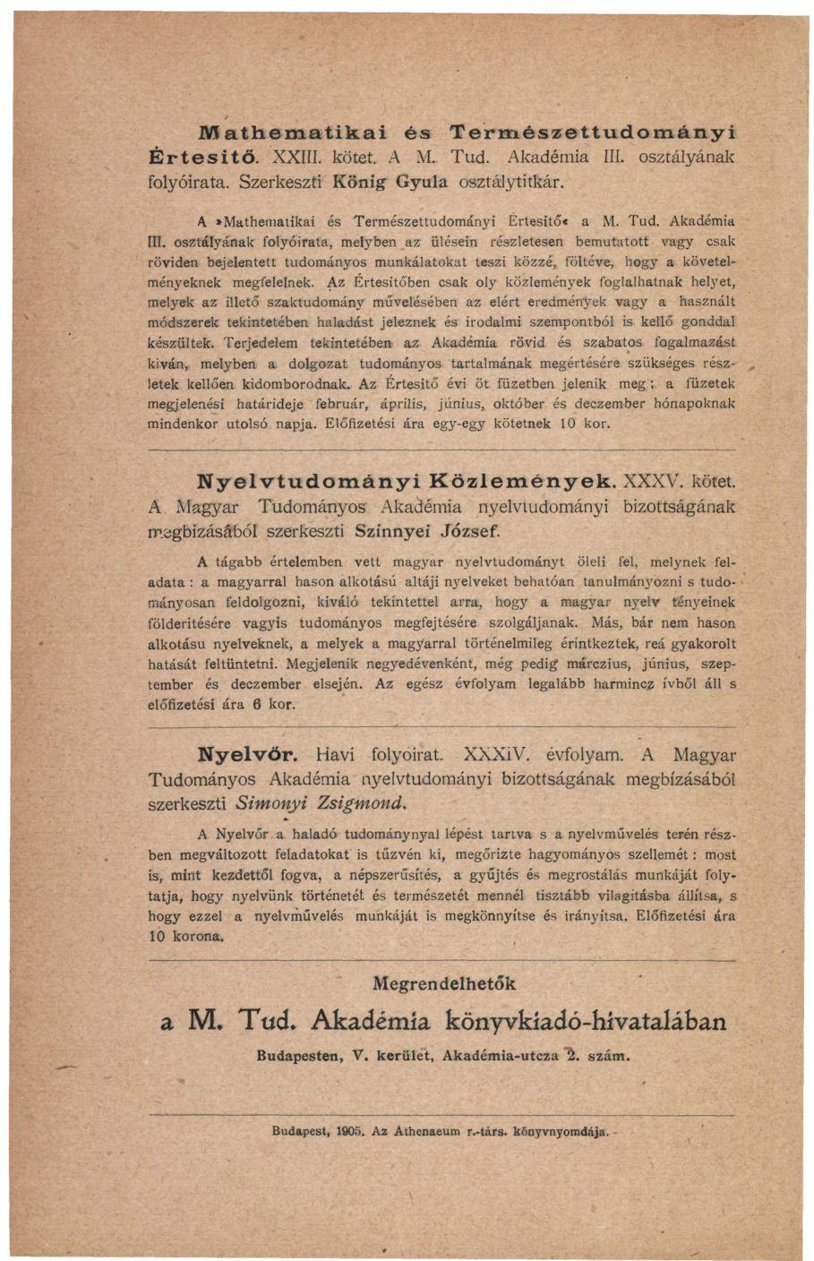 Mathematikai és Természettudományi Értesítő. XXIII. kötet. A M. Tud. Akadémia III.