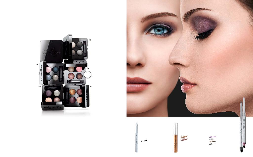148 LR DELUXE SZEMEK 149 Érzéki pillantás gyönyörű színekkel TOP TERMÉK A képen Deluxe Artistic négyes szemhéjpúdert visel a modell 11150-8 Deluxe Artistic négyes szemhéjpúder Ízléses