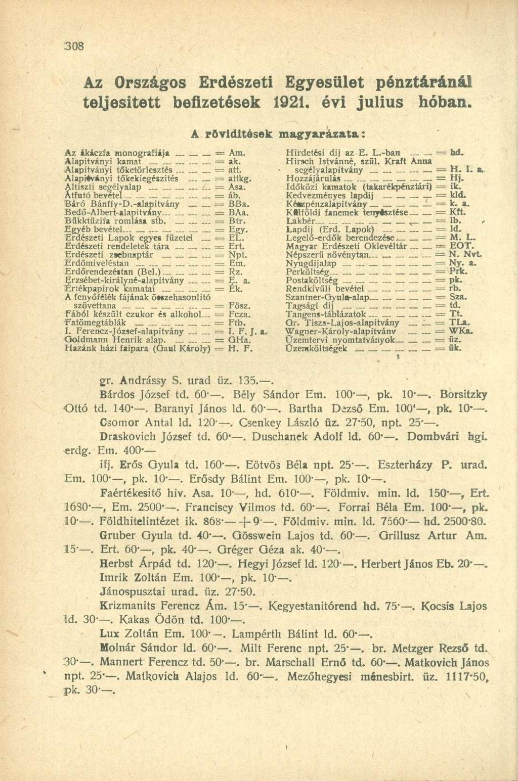 Az Országos Erdészeti Egyesület pénztáránál teljesített befizetések 1921. évi július hóban. A rövidítések Az ákáczfa monográfia}* * Am. Alapítványi kamat = ak. Alapítványi tőketörlesztés = att.