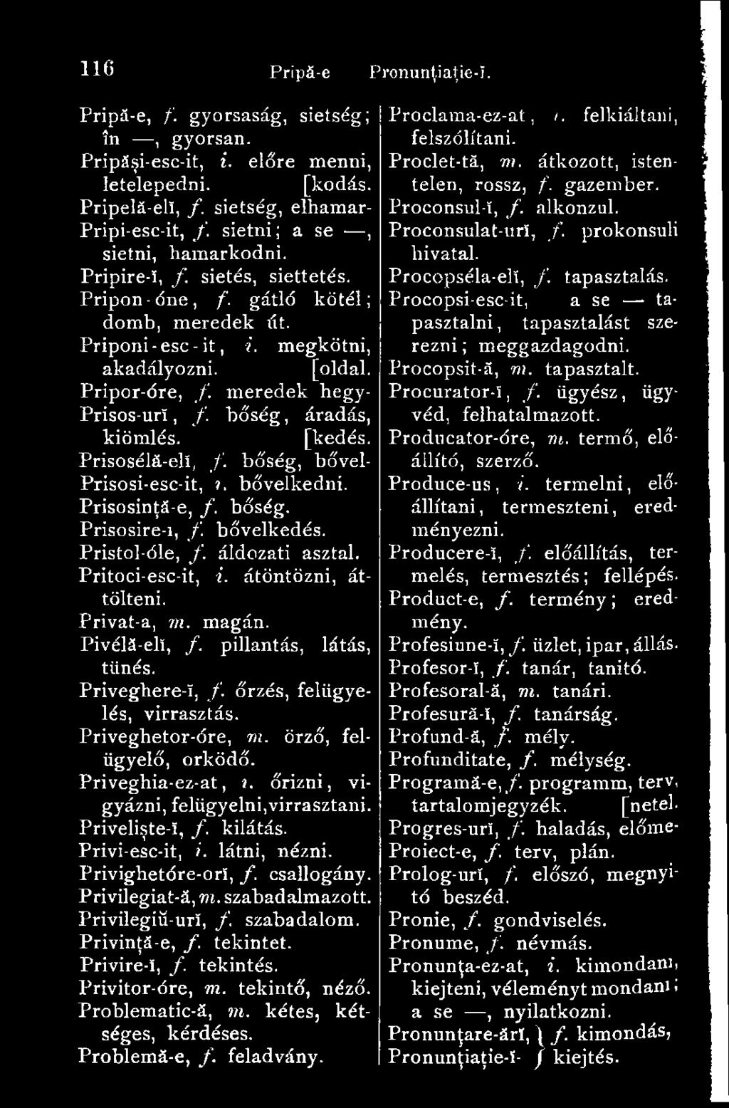 meredek hegy- Prisos-uri, f. bőség, áradás, kiömlés. [kedés. Prisosélá-elí, f. bőség, bővel- Prisosi-esc-it,?. bővelkedni. Prisosinţă-e, /. bőség. Prisosire-i, f bővelkedés. Pristol-óle, f.