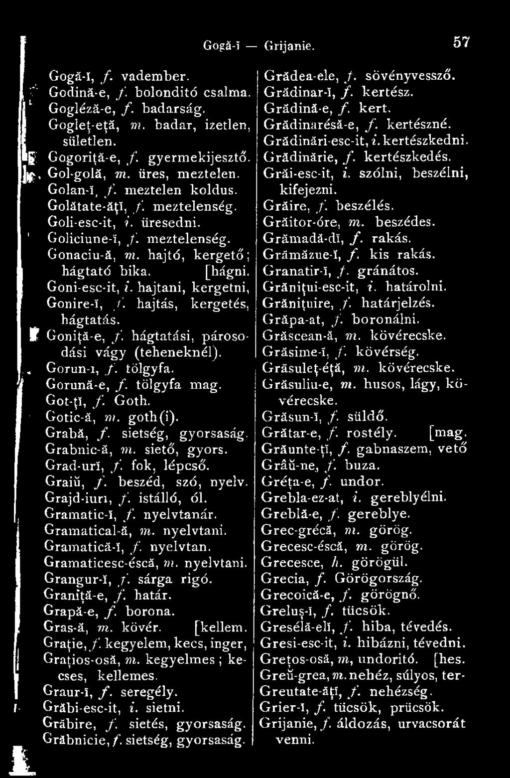 hajtani, kergetni, Gonire-ï, /. hajtás, kergetés, hágtatás. B Goniţă-e, /. hágtatási, pároso- * dási vágy (teheneknél). g Gorun-i, /. tölgyfa. ( I Goruná-é, f. tölgyfa mag. Got-ţî, f. Goth.