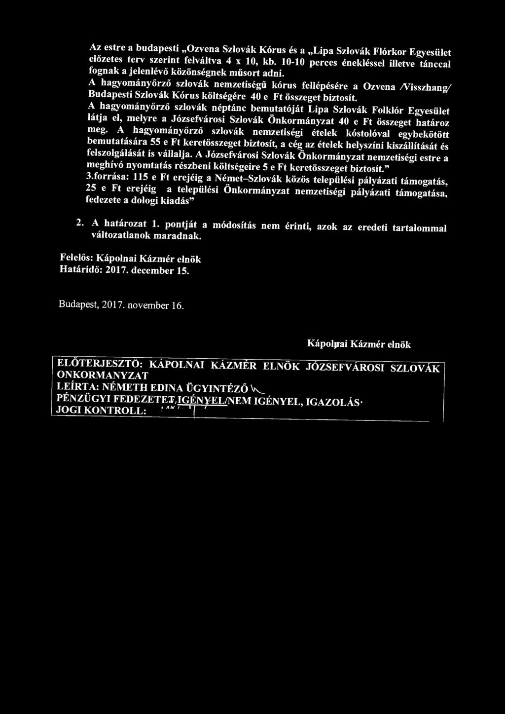 Az estre a budapesti Ozvena Szlovák Kórus és a Lipa Szlovák Flórkor Egyesület előzetes terv szerint felváltva 4 x 10, kb.