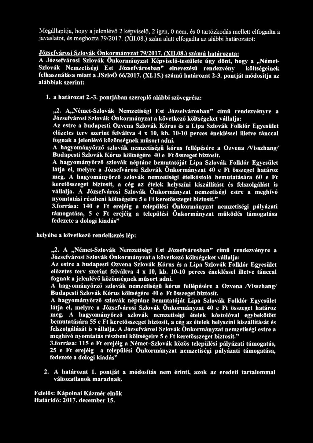 Megállapítja, hogy a jelenlévő 2 képviselő, 2 igen, 0 nem, és 0 tartózkodás mellett elfogadta a javaslatot, és meghozta 79/2017. (XII.08.