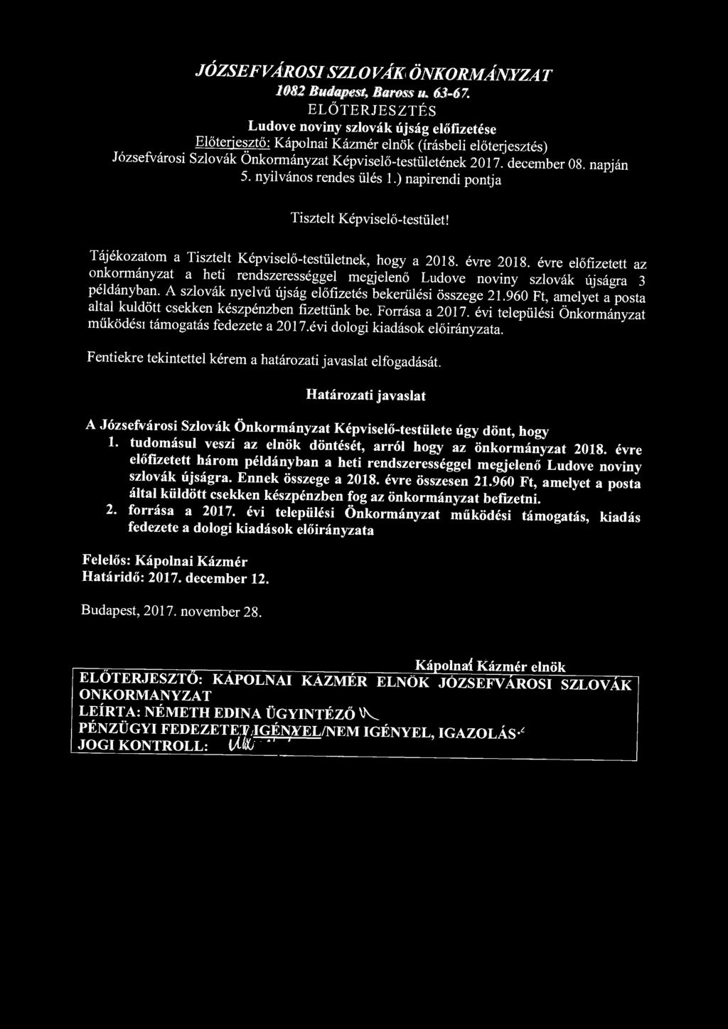 JÓZSEFVÁROSI SZLOVÁK ÖNKORMÁNYZAT 1082 Budapest, Baross u. 63-67.