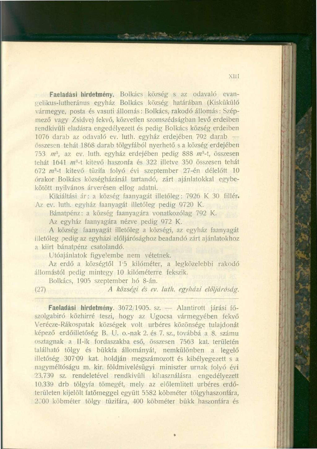 XIII Faeladási hirdetmény.