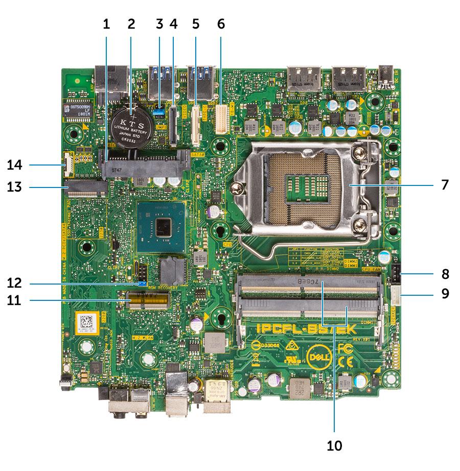 Mikro alaplap elrendezése Mikro méretű alaplap összetevői 1 HDD csatlakozó 2 Gombelem 3 CMOS törlése/jelszó/szervizmód-áthidaló 4 Videocsatlakozó (HDMI/ DP/ VGA) 5 Type-C csatlakozó 6 Billentyűzet és