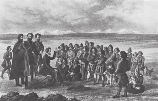 Petrus Læstadius, Lars Levi viellja, sárdnideame sápmelaččaide ja golmma fránskalaš turistii Davvi- Ruoŧa duoddaris. Sárggus: Hogguer, 1841.