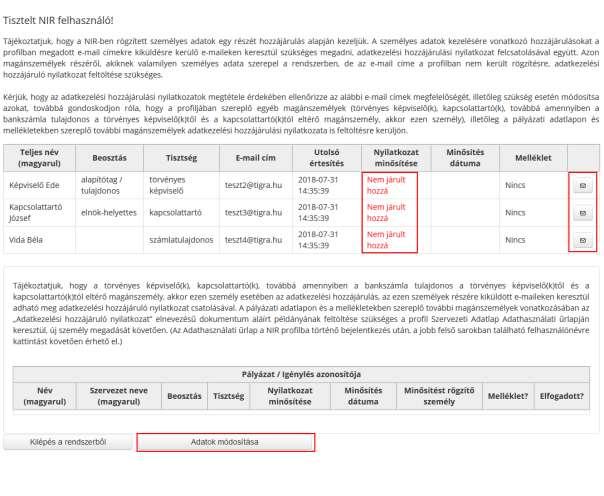 A regisztrációt követően a rendszer egy Adathasználati hozzájárulás e-mail-t is küld az összes regisztrációban rögzített magánszemély címére.