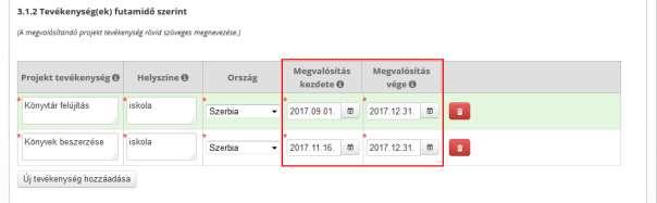 A projekt tervezett futamideje a Projektterv űrlapon megadott tevékenység(ek) Megvalósítás kezdete és/vagy Megvalósítás vége oszlopaiba írt dátumok megváltoztatásával módosítható.