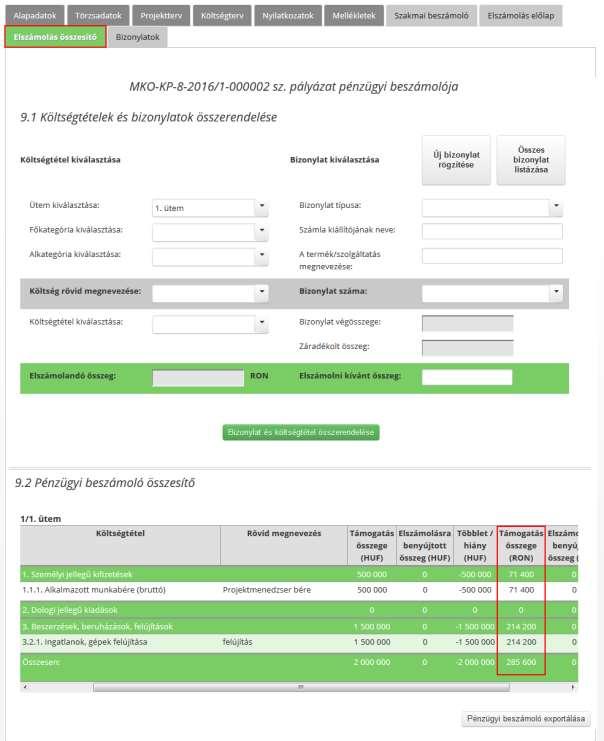 A megadott adatok alapján kiszámításra kerül az a Számított árfolyam, amely alapján az Elszámolandó támogatás az ország pénznemében, valamint az aktuális (szerződött) költségterv