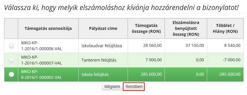 A felugró ablakban jelölje be a kívánt elszámolást, majd kattintson a Rendben gombra.
