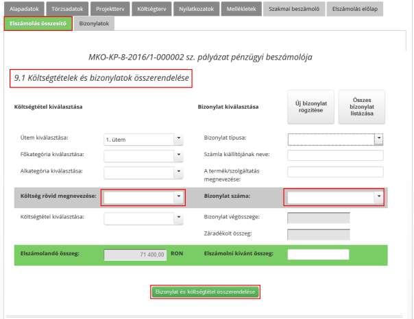 A Költségtételek és bizonylatok összerendelése képernyő bal oldalán válassza ki a megfelelő költségtételt!
