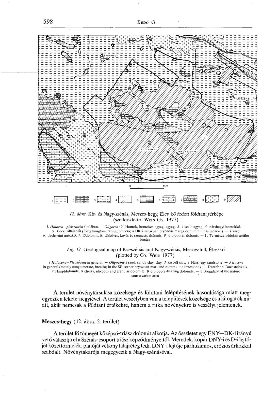 12. ábra. Kis- és Nagy-szénás, Meszes-hegy, Éles-kő fedett földtani térképe (szerkesztette: W e in G y. 1977) L Holocén pleisztocén á\to\ában. Oligocén: 2. Homok, homokos agyag, agyag, 3.